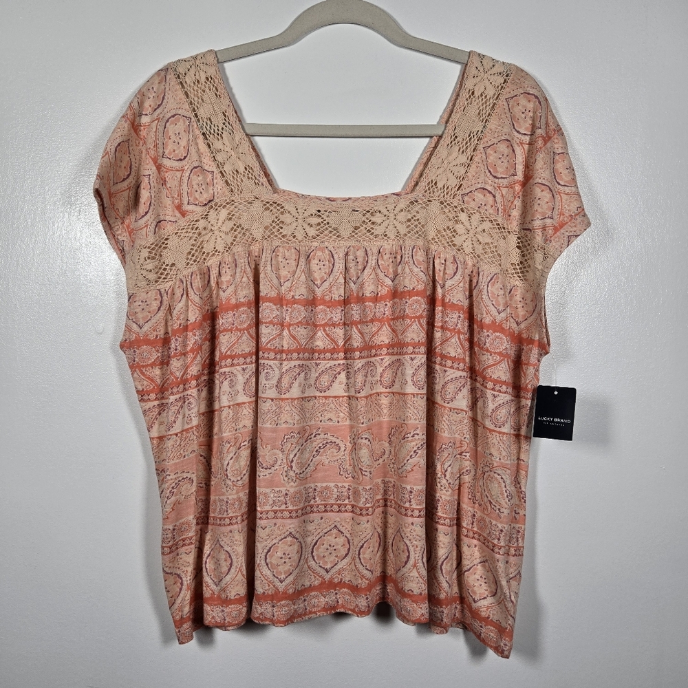 NEW Lucky Brand Peach Square Neck Lace Paisley Print Lightweight Top Size Medium